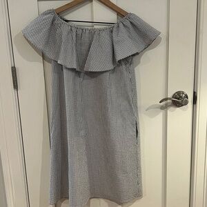 Eliza J Off the Shoulder Mini Dress Ruffle Seersucker Blue White Cotton Size 4